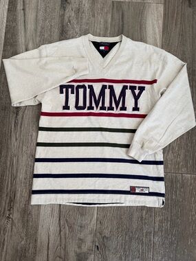 Tommy Hilfiger Vintage 90’s Cream Sweater with Navy Stripes Embroidered Letters